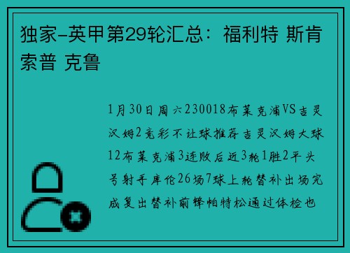 独家-英甲第29轮汇总：福利特 斯肯索普 克鲁