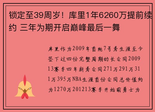 锁定至39周岁！库里1年6260万提前续约 三年为期开启巅峰最后一舞
